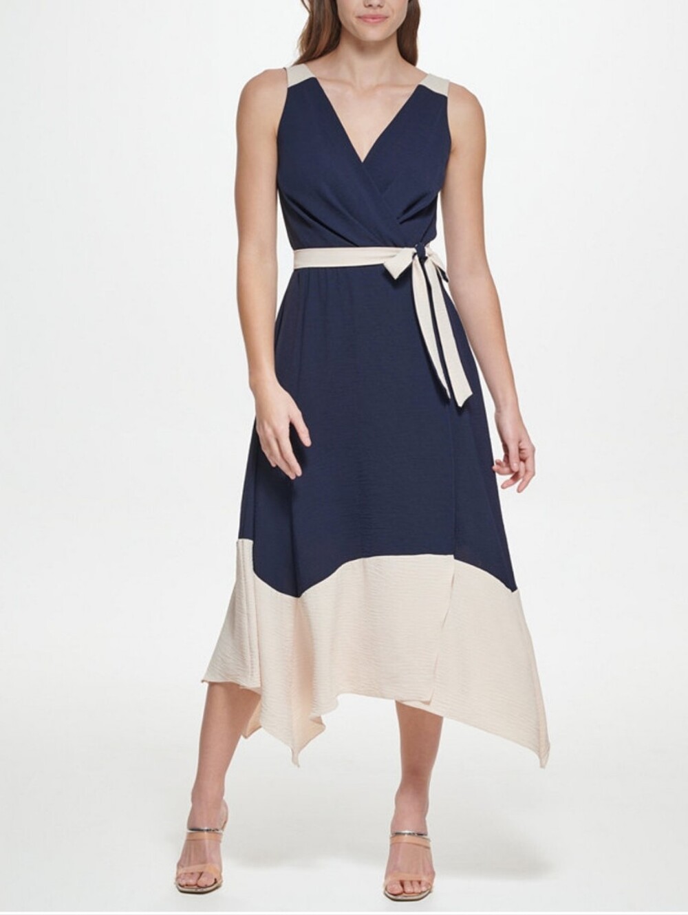 DKNY Navy and Cream Colorblock Wrap Handkerchief-Hem Dress Nwot
